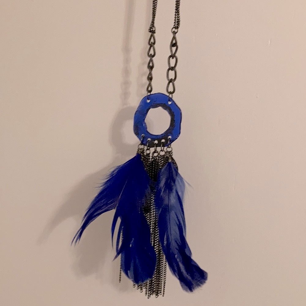 Long blue glass feather necklace with steel chains